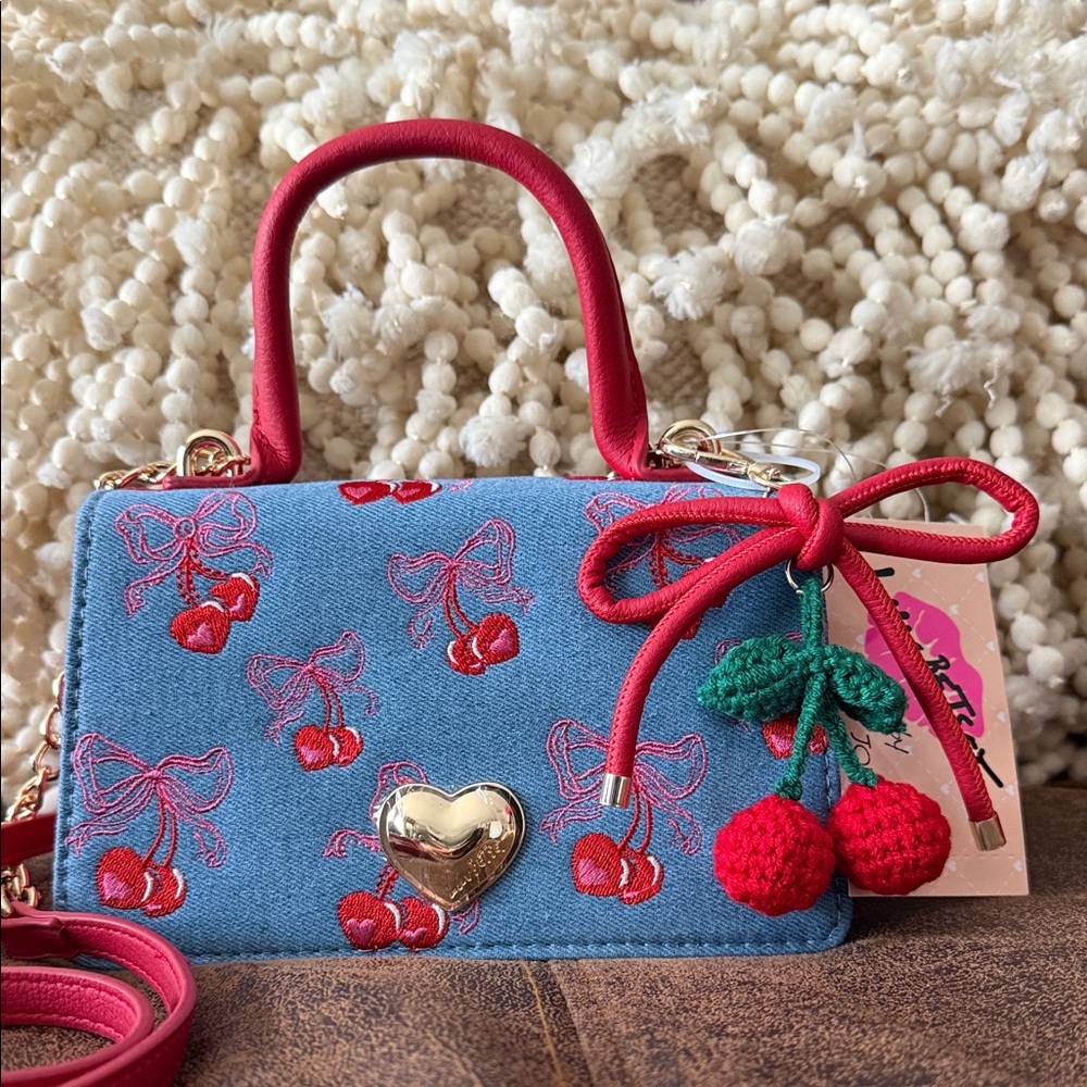 Betsy Johnson Cherry Embroidered Denim Handbag with bag charm NWT